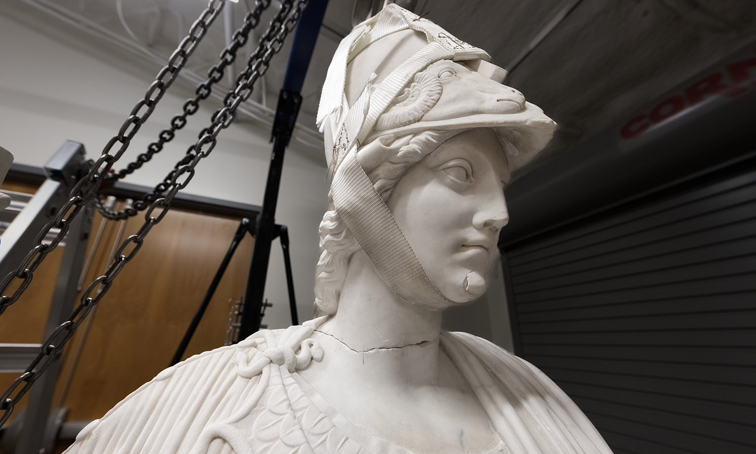 A close up of Minerva restored