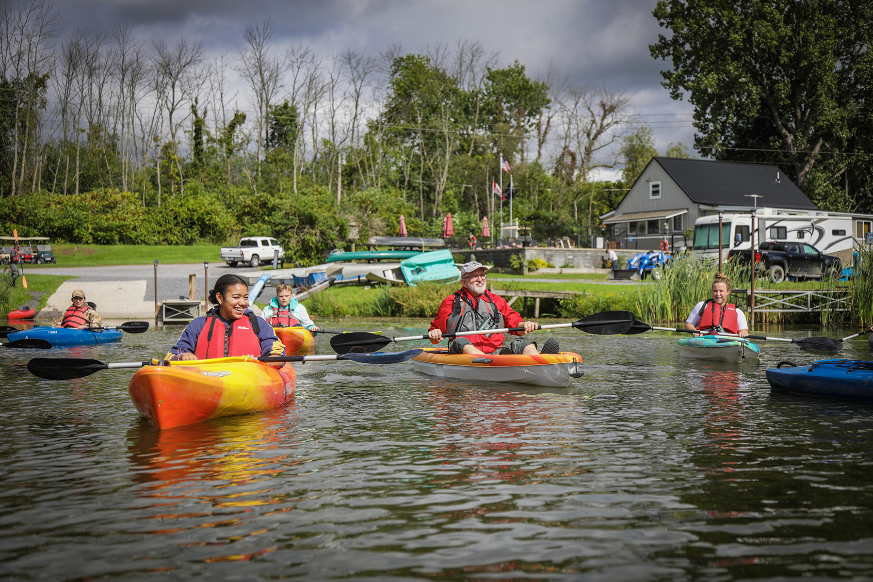 Students in Ornithology with Mark Deutschlander Kayak in the barge canal at Montezuma National Wildlife Refuge while searching for birds.