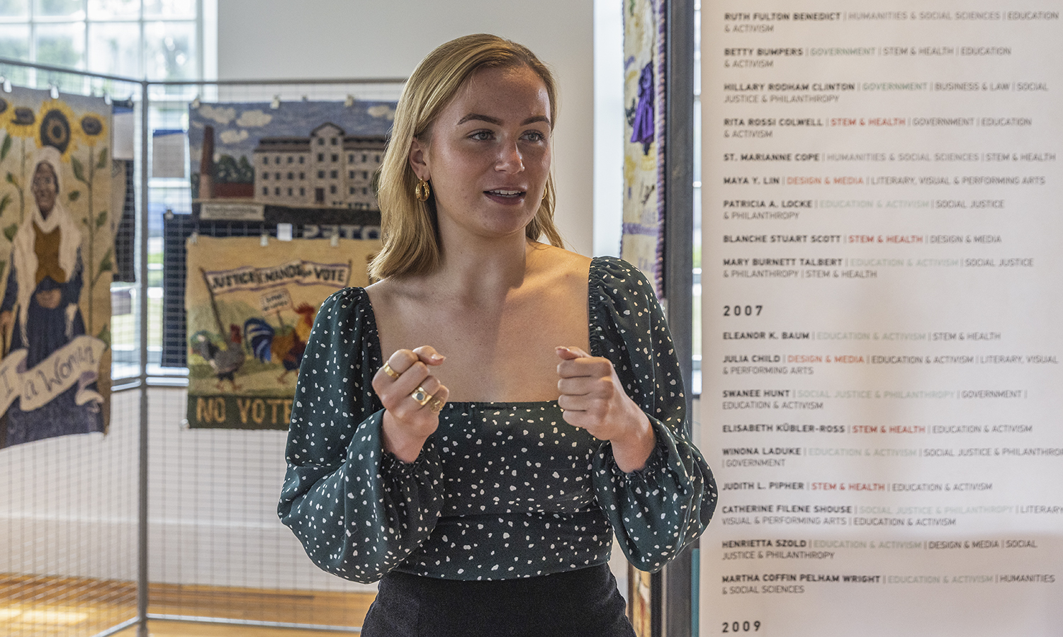 Earley discusses an exhibit at the National Women's Hall of Fame