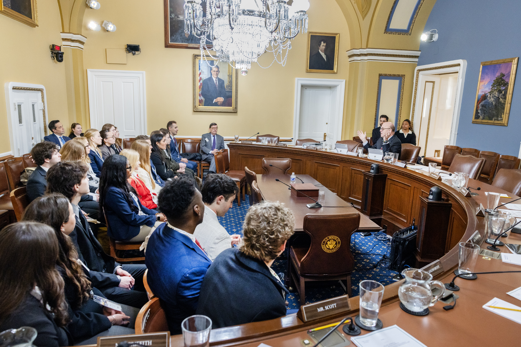 Students meet with Congressman James P. McGovern (D-MA) in the Rules Committee Hearing Room while on a tour of the Capitol Building.