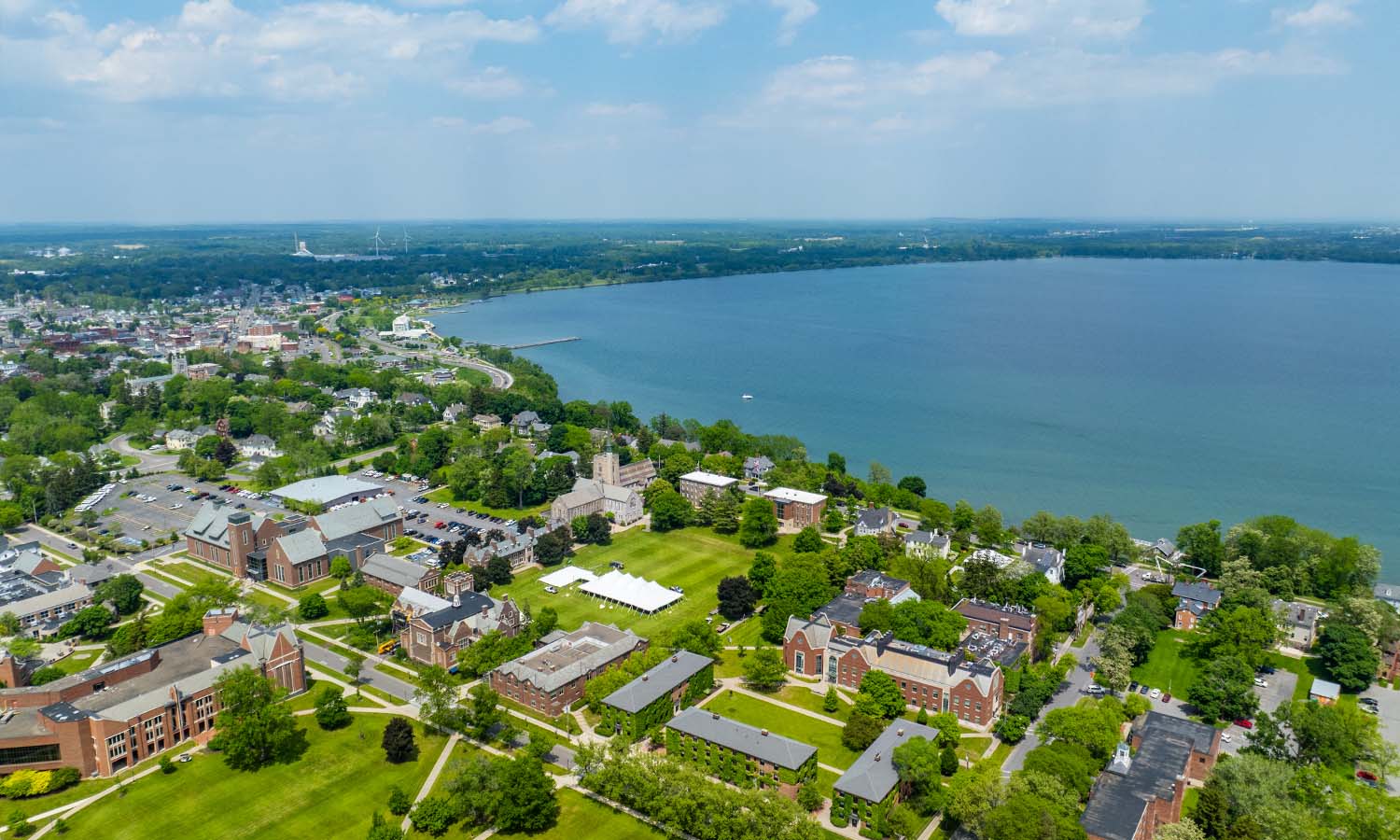 Aerial of campus and Seneca Lake