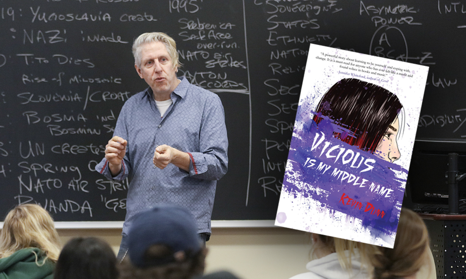 Kevin Dunn in class and book cover