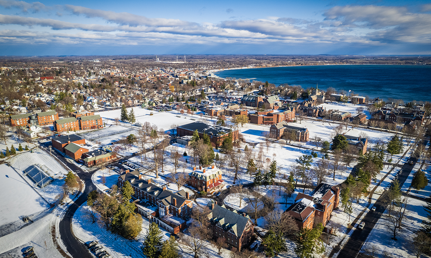 aerial shot of campus in winter