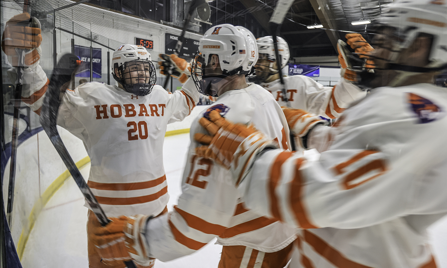  In this special edition of This Week in Photos, all taken by Chief Photographer Kevin Colton, we applaud Hobart Hockey, ranked the Number 1 team in the nation. Here, the team gathers to celebrate Shane Shell’s ’25 overtime game-winner against Salve Regina. The win improved Hobart to 13-0-0 on the season.