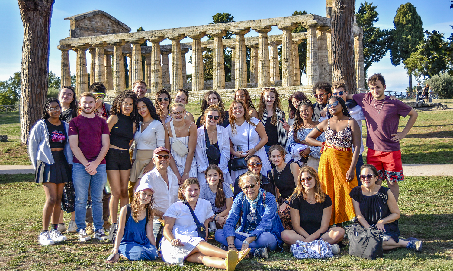 Students studying abroad in Italy visit Paestum, a city famous for having ancient Greek temples. They are led by Associate Professor of Media and Society Lisa Patti and Associate Professor of Writing and Rhetoric Ben Ristow.