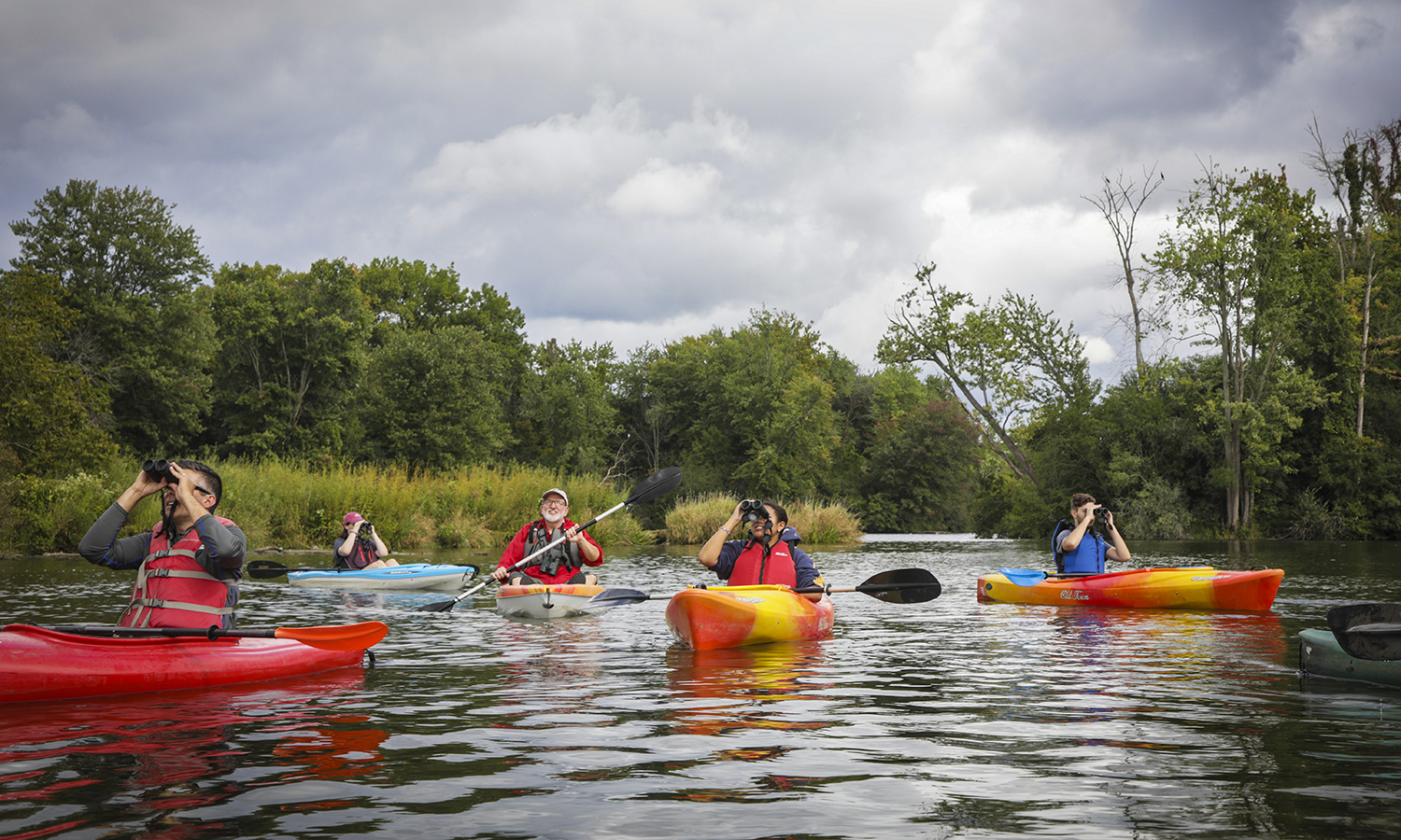 Associate Professor of Biology Mark Deutschlander kayaks with students in his ornithology class in the barge canal at Montezuma National Wildlife Refuge.