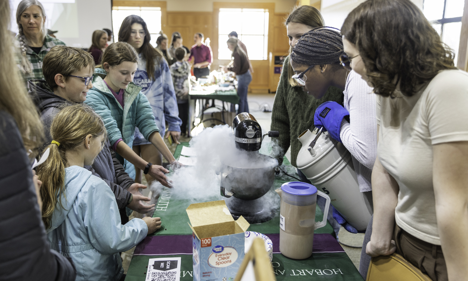 During the Edible Science Fair, Reilly Riddell ’23, Jenna Hyman ’23 and Haley Sax’23 make liquid nitrogen ice cream to help explain and give an example of crystallization.