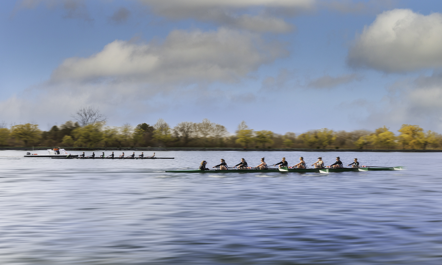 The William Smith rowing team practices on Seneca Lake before heading to Saratoga Springs for the 2023 Liberty League Championship and the New York State Championship.