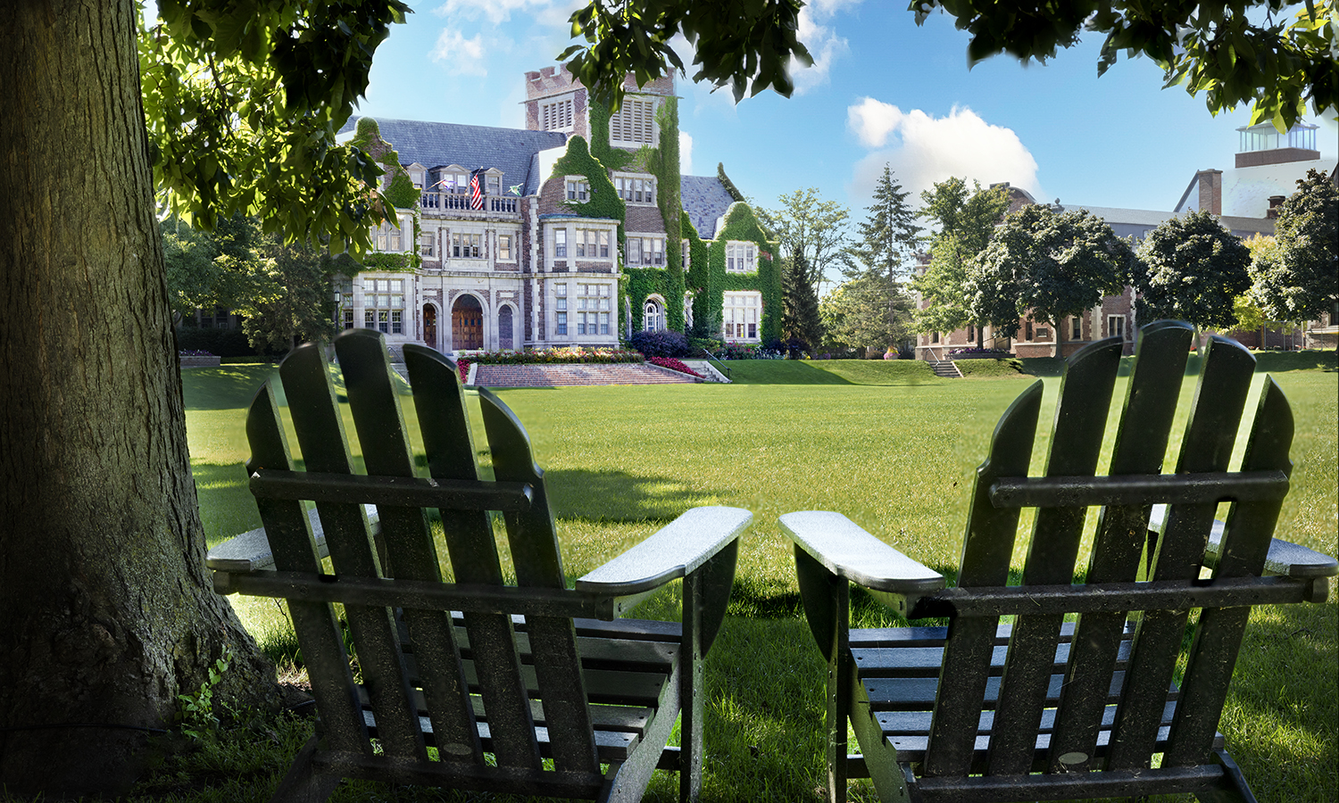 Coxe Hall on a sunny summer afternoon.