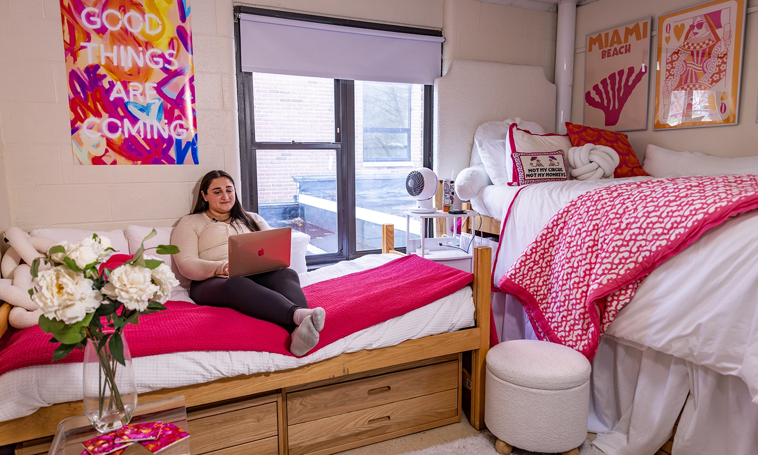 Isa Daniels ’27 studies for finals in her Potter Hall residence hall room.