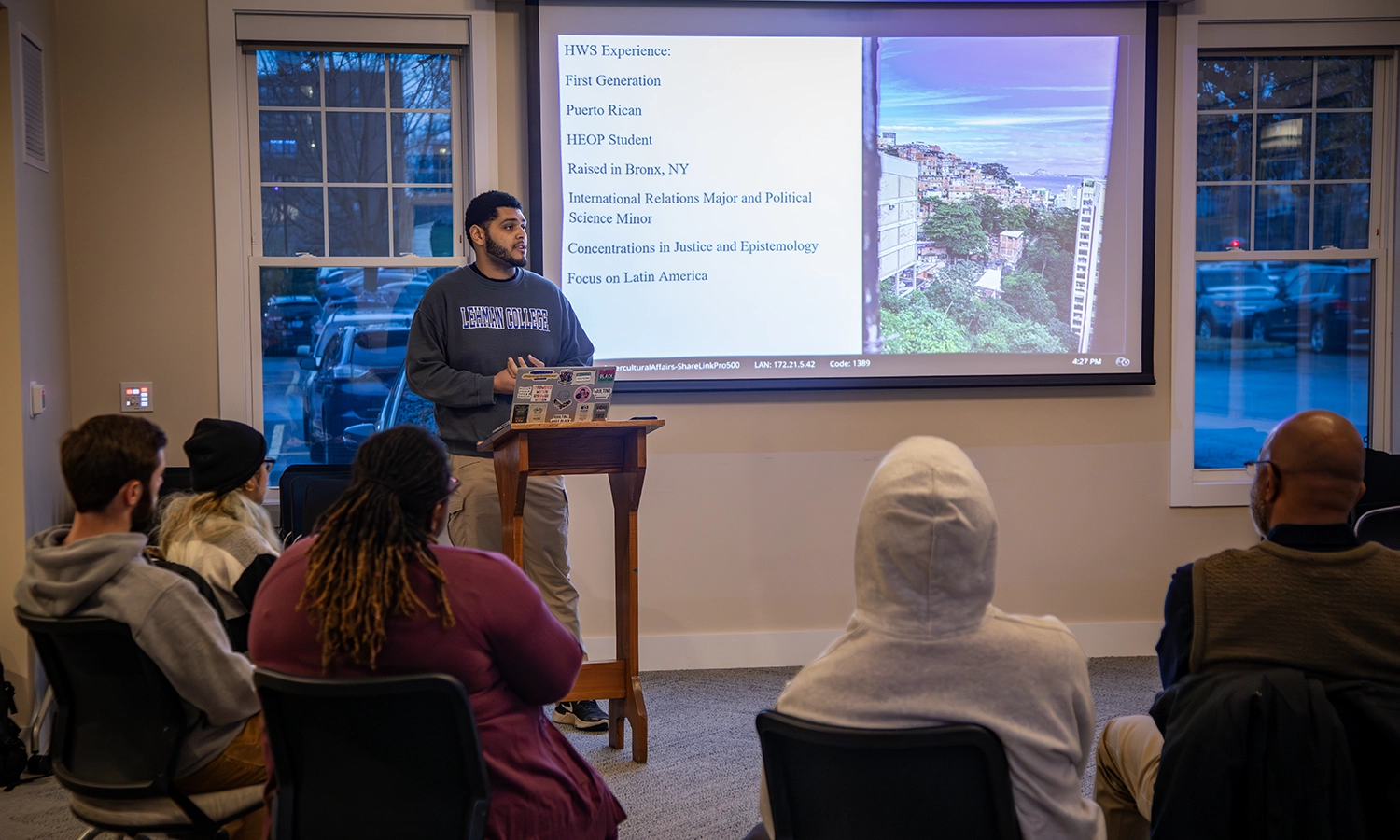 Sam Calderon ’23 discusses his Peace Corps service in Guatemala during an event held in the Stine Multipurpose Room of the Adams Intercultural Center.