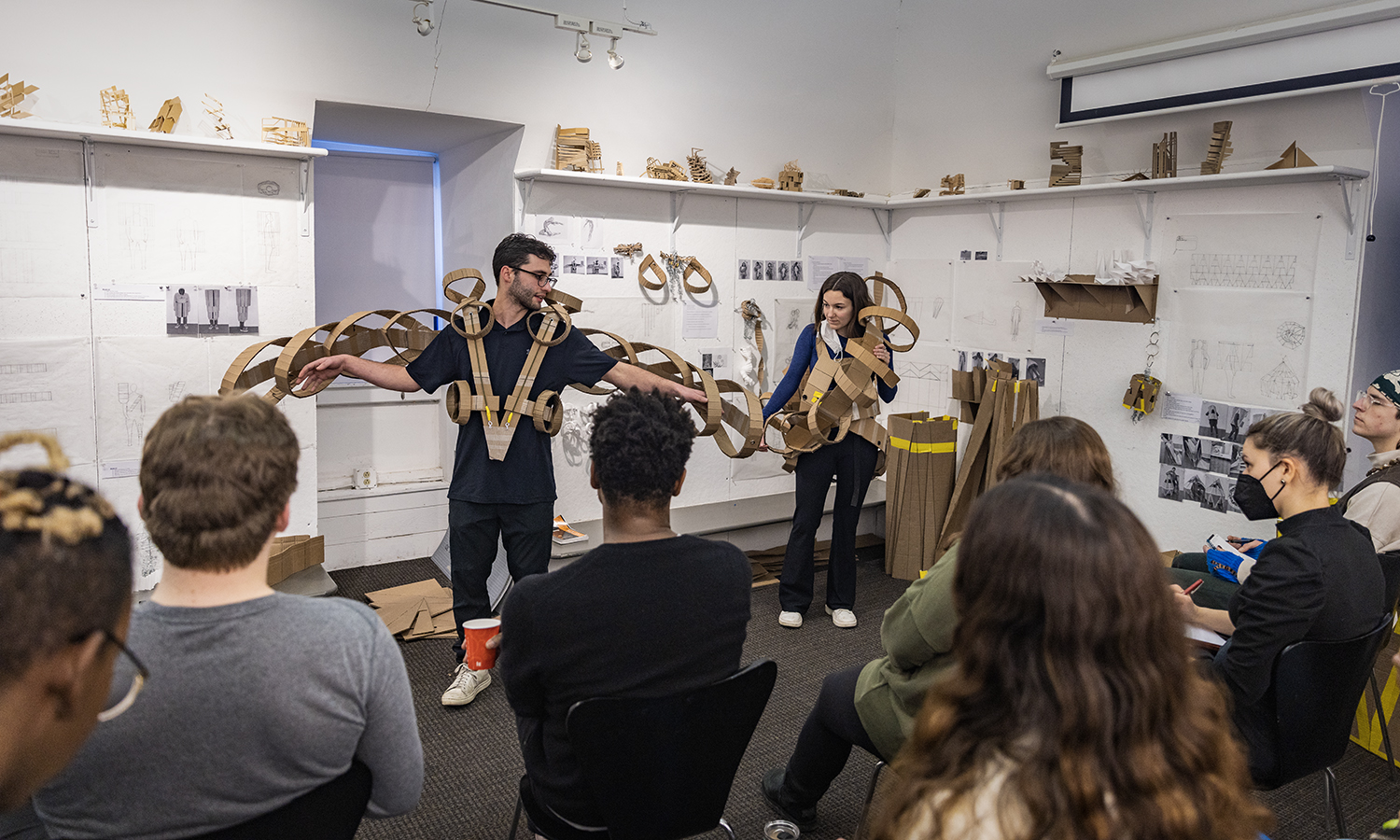 Beka Bekauri ’23 and Erin Howe ’24 display their projects during “Architecture Design Studio” with Associate Professor of Art and Architecture Gabriella D’Angelo.