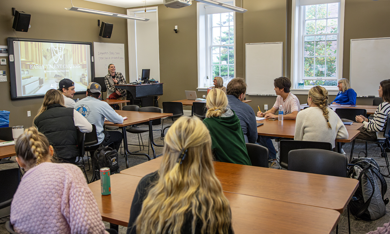 During a Career Services event, Abby Goodrich ’18, who is an Assistant General Manager for the Bozzuto Group, speaks to students about internship and job opportunities.