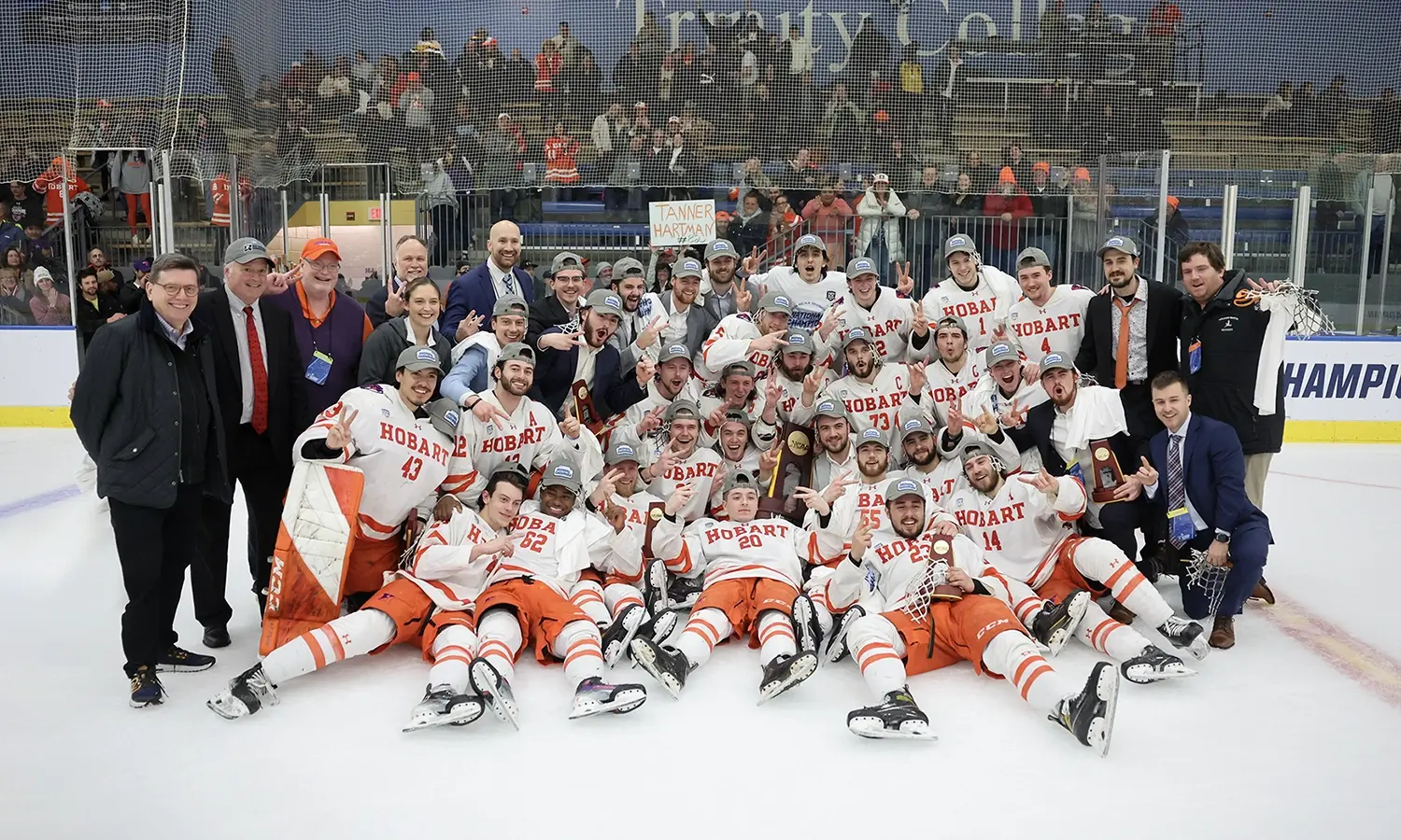 This week, we feature photos of our Herons and Statesmen student-athletes in action during the last academic year. Here, the Hobart hockey team poses after winning a second consecutive NCAA Division III national championship.