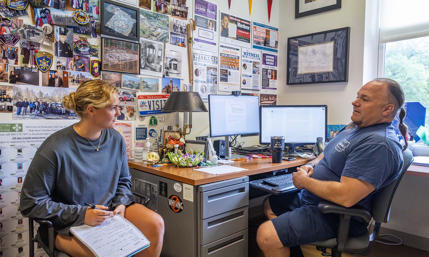 In Stern Hall, Leia Brunt ’26 and Professor of Sociology Jim Sutton discuss Brunt’s summer research project creating a secure database of accounts from victims and survivors of crime. 