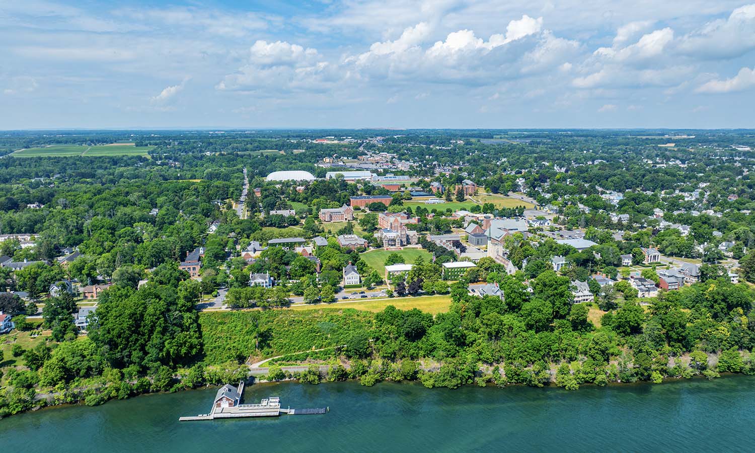 An aerial view of campus on the shore of Seneca Lake. 