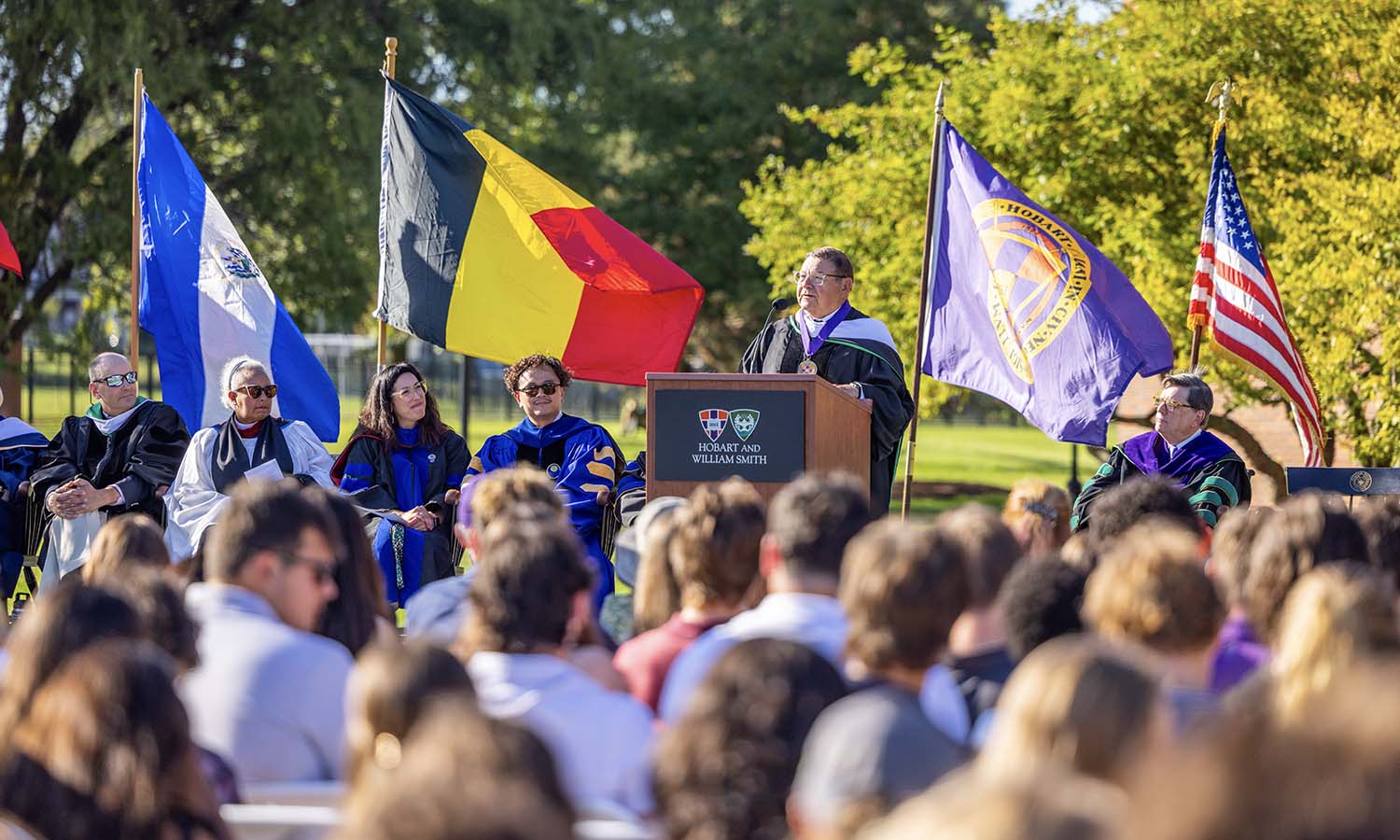Walt Disney Imagineer Toby Pugh ’67 speaks to students during Convocation after receiving the Hobart Medal of Excellence. 