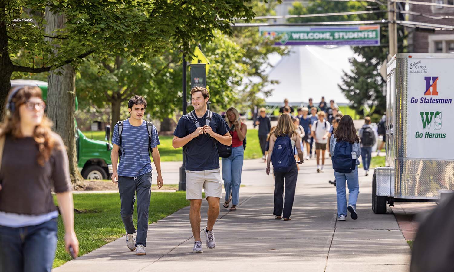 Will Redman ’27 and Brian Sheehan ’26 walk to the Scandling Campus Center for lunch. 