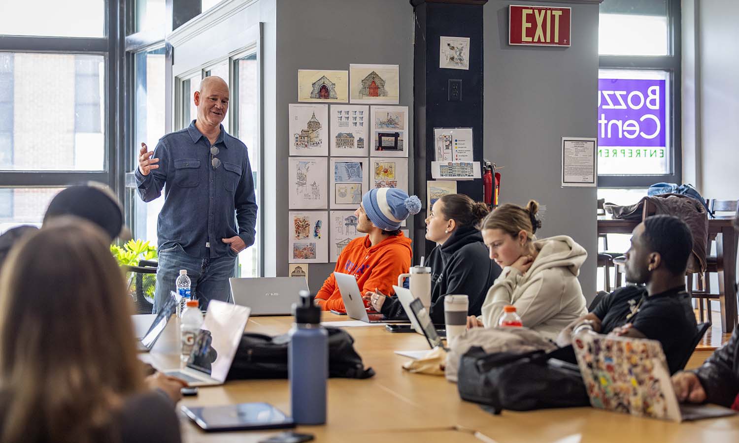 At the Bozzuto Center, founder and CEO of Rescription Scott Martin ’90 speaks to master of science in management students during a Business Law class. 