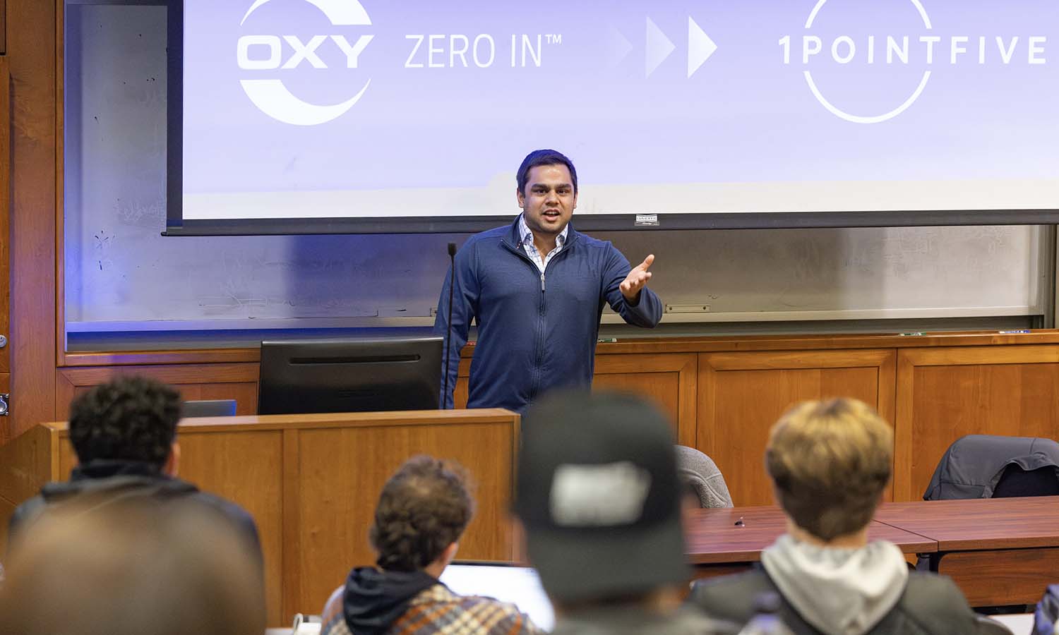 Amil Shah '12 from 1PointFive speaks about direct air capture and carbon dioxide removal to students in Professor of Business Management and Entrepreneurship Tom Drennen’s class. 