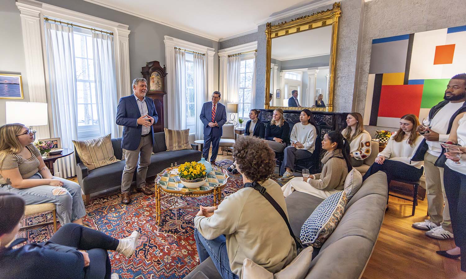 This week, we celebrate our No. 10 ranking for “Best Alumni Network” from the Princeton Review by highlighting just some of the alumni who returned to campus in the spring. Here, Dr. Chris Beyrer ’81, Sc.D ’22 is joined by President Mark D. Gearan and students at the President’s Home before delivering the keynote for the President’s Forum. Beyrer is director of the Duke Global Health Institute.