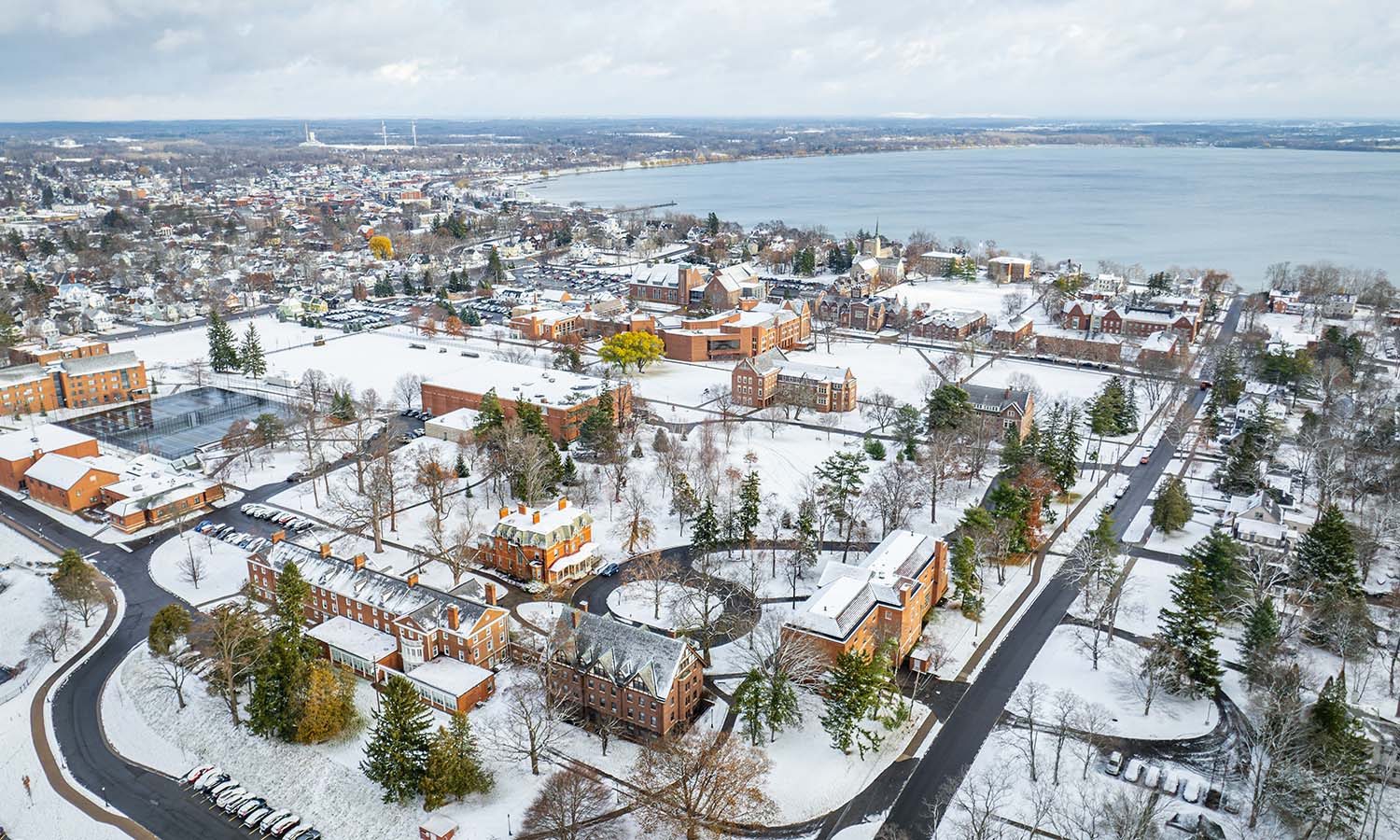 An aerial view of campus after the season's first snow. 