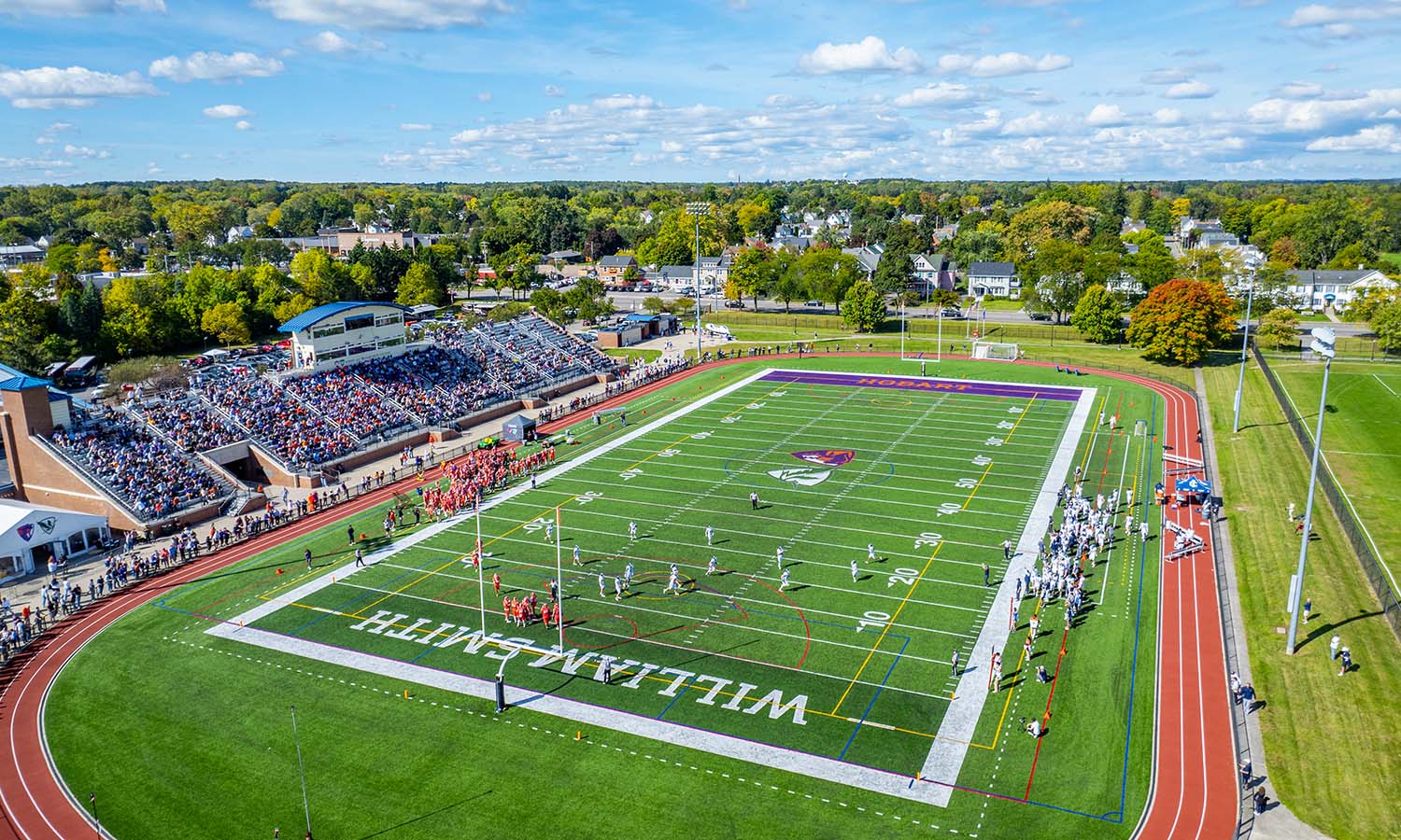 On Boswell Field, Hobart football takes on Ithaca College in front of a packed David J Urick Stadium during Homecoming and Family Weekend. 