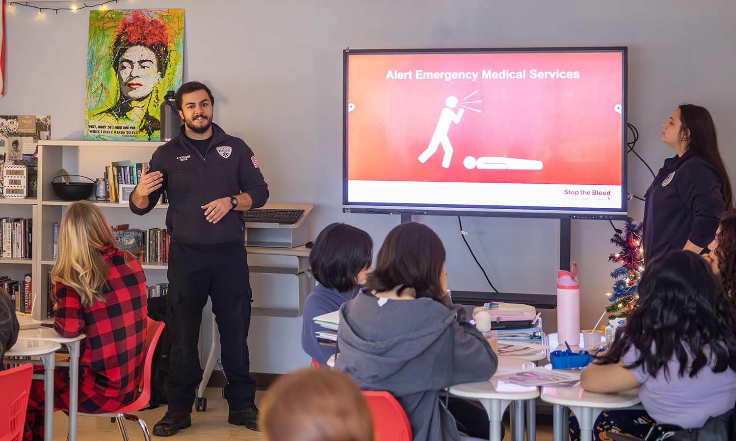 Representing HWS EMS, Jacob Williams ’26 and Maysie Malinaric ’27 provide a “Stop the Bleed” presentation to students at Geneva High School. 
