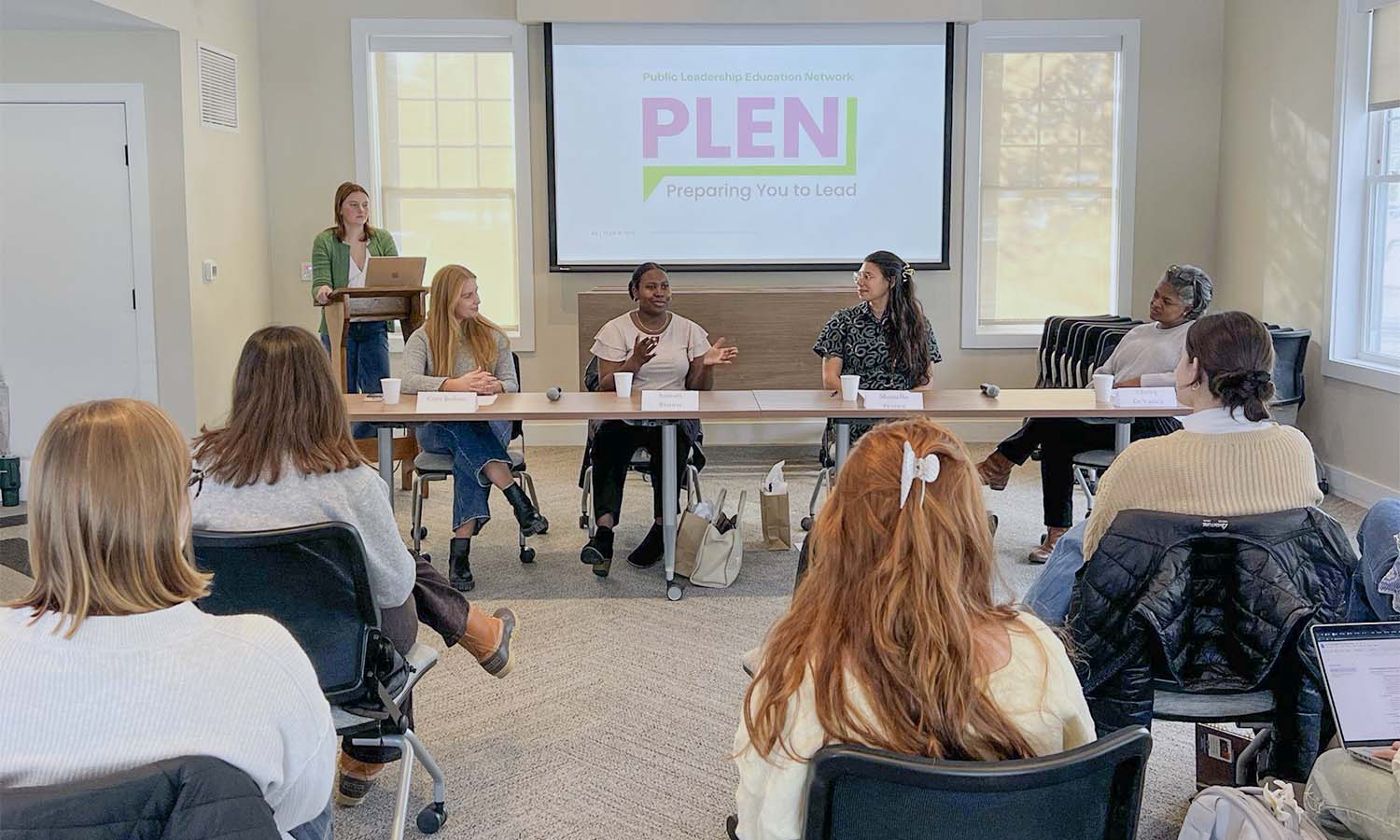 Cori Bohan ’27, YAP Advocate Director Samari Brown ’24, Director of Intercultural Programs and Initiatives Shanelle France ’11 and Vice President for Diversity, Equity and Inclusion Chevy DeVaney '95, P’21, P’23 participate in the PLEN Workplace Panel, moderated by Maggie Mahoney ’26. 