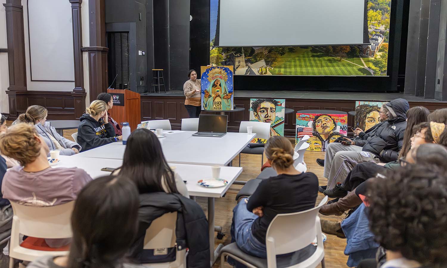 “During Latina Writing in the U.S.” with Instructor of Spanish, Latin American and Bilingual Studies Alejandra Molina, artist Pamela Araya answers questions from students about the influences behind her paintings. 