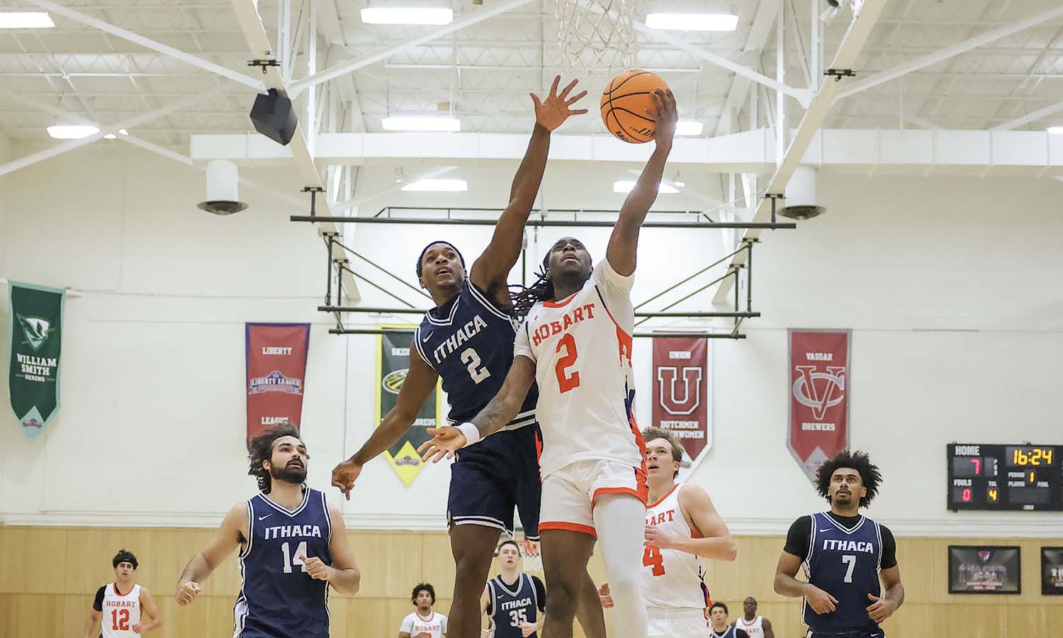 Monty Nedd attacks the rim during Hobart’s 86-66 win over Ithaca on Tuesday. He finished the night with game-highs of 27 points, nine rebounds, eight assists and four steals. 