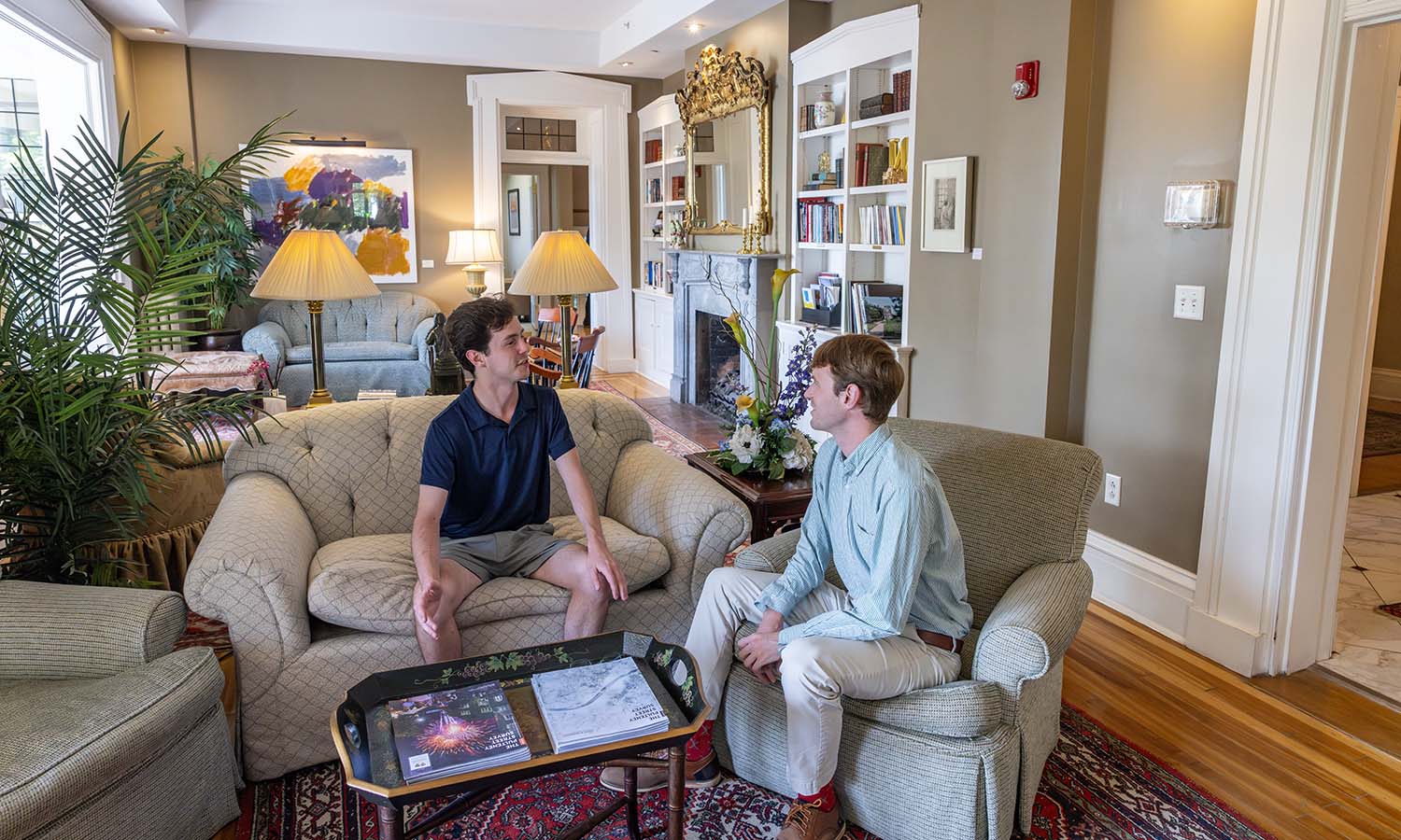 In the Thomas Poole Family Admissions Center, Peter Vorbach ‘27 and Senior Assistant Director of Admissions Gib Shea ’22 plan for next Friday’s Summer Open House on campus. 