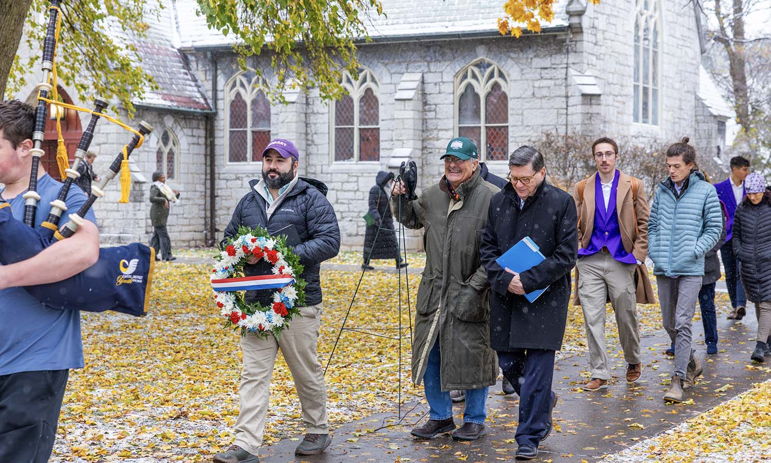 In recognition of Veteran’s Day, members of the HWS community joined by President Mark D. Gearan walk to the flagpole and Vietnam memorial overlooking the Quad to lay a wreath. 