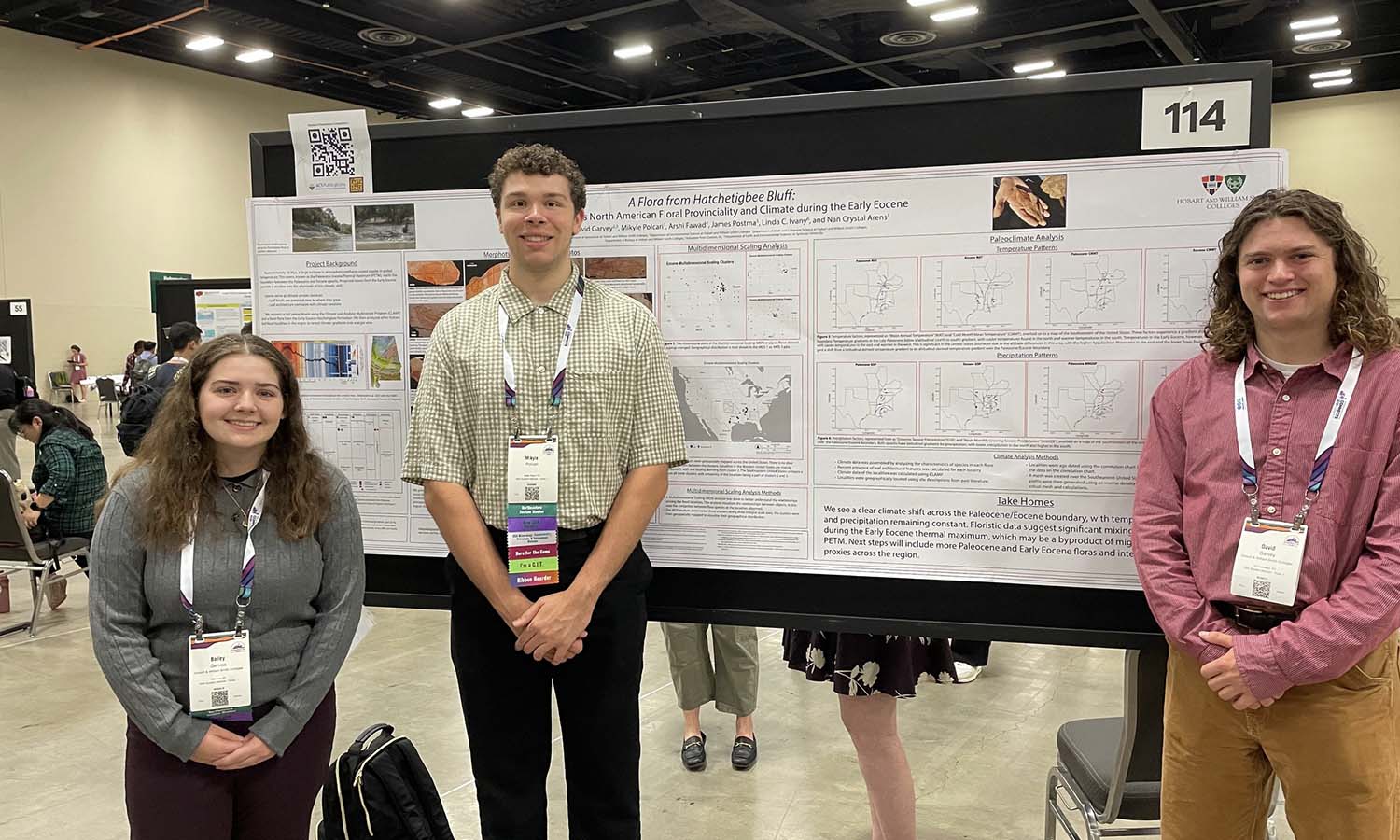 While attending the Geological Society of America conference with Professor of Geoscience Nan Crystal Arens, Bailey Gervais ’27, Mikyle Polcari ’27 and David Garvey ’26 pose for a photo while presenting their summer research on the climate of the Early Eocene. 
