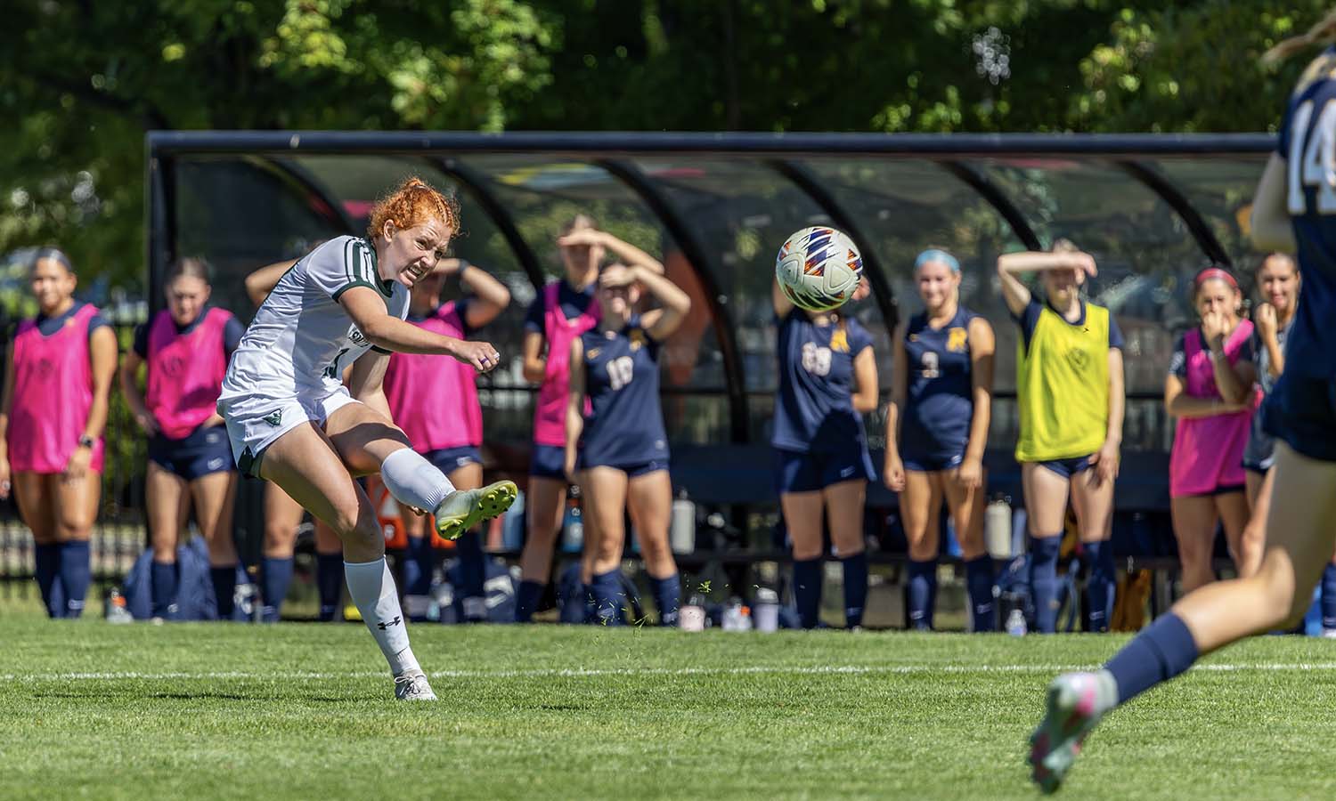Nell Dwyer ’28 takes a free kick during William Smith soccer’s game against the University of Rochester. 
