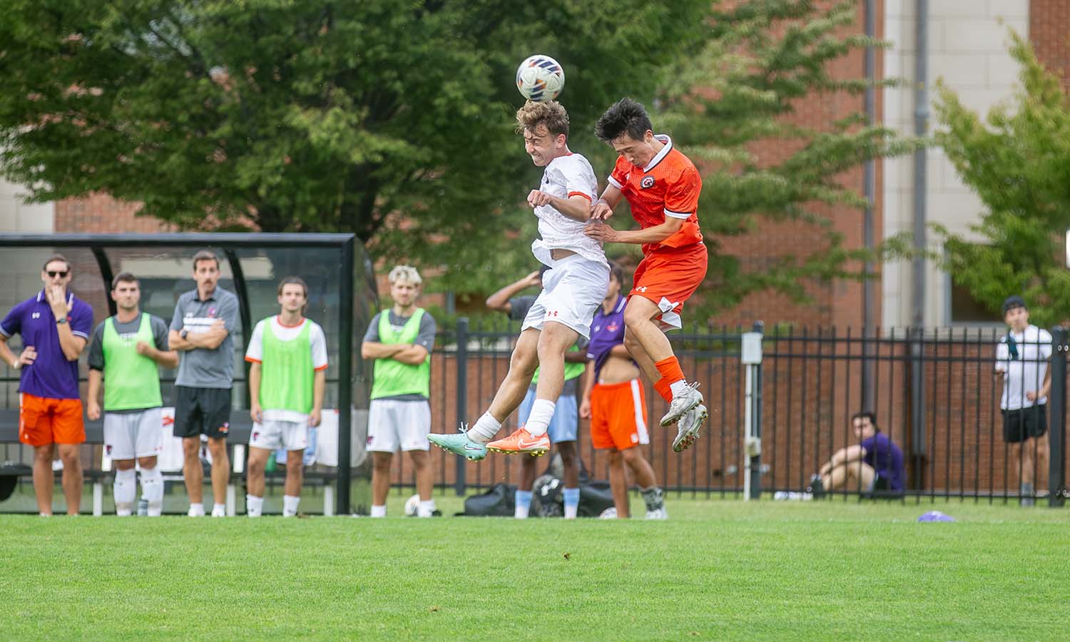 Will Slayton ’28 wins a header during Hobart soccer’s match against RIT. 
