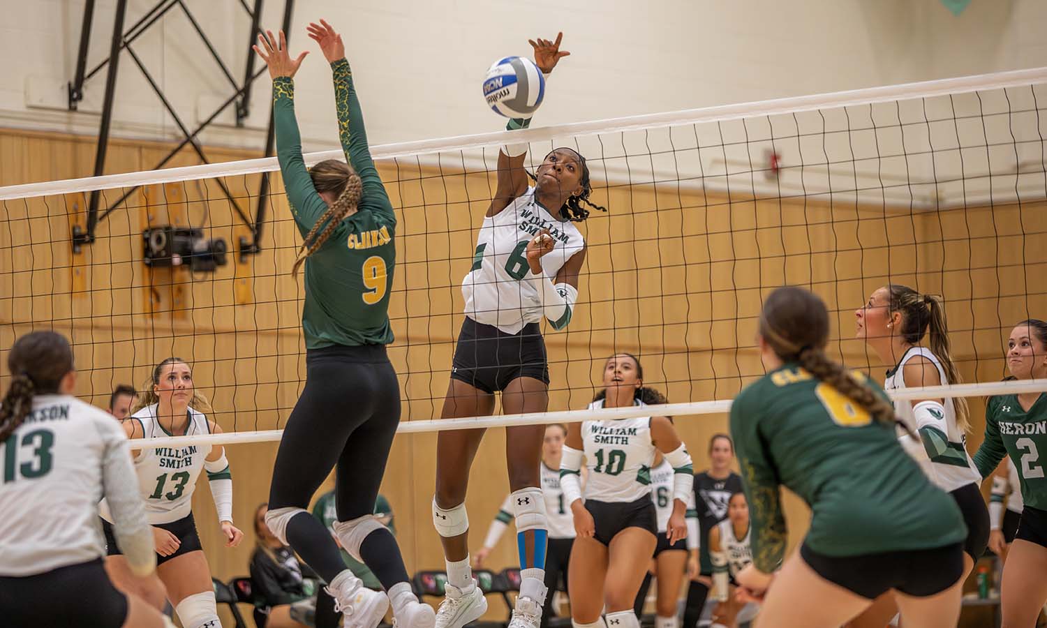 Arielle Newsome '28 records a kill as the William Smith volleyball team cruised to a 3-0 sweep over Clarkson. 
