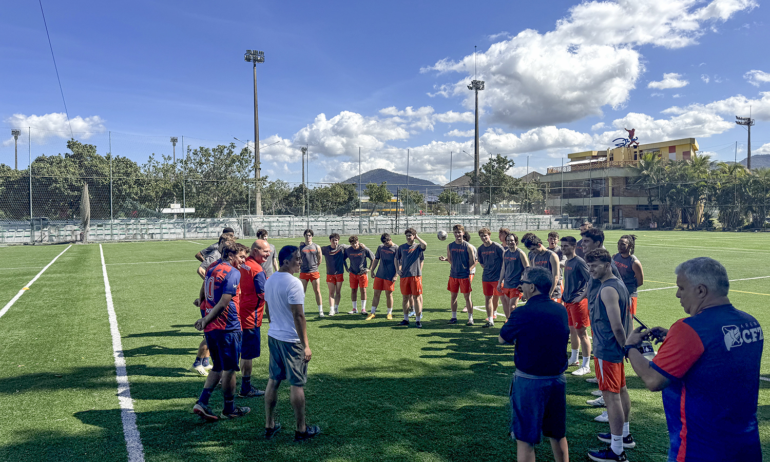 During the summer trip to South America, the Hobart soccer team listens for instructions from professional coaches at the famous Zico Training Center in Rio de Janeiro, Brazil. 