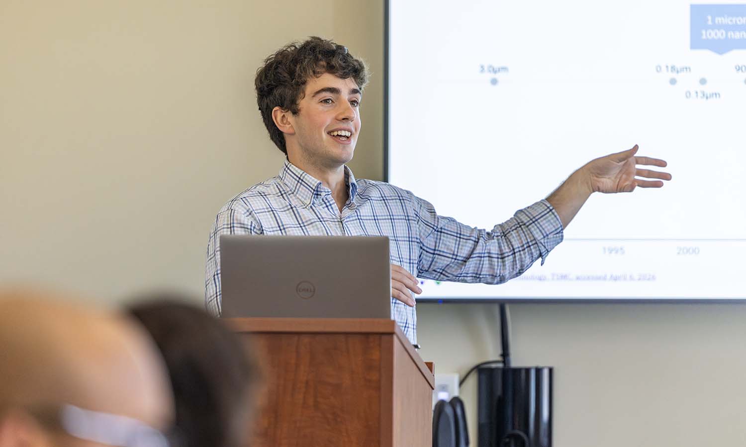 Rupert Ramsay ’27 gives a presentation during “International Relations Data Visualization” with Professor of International Relations Vikash Yadav.