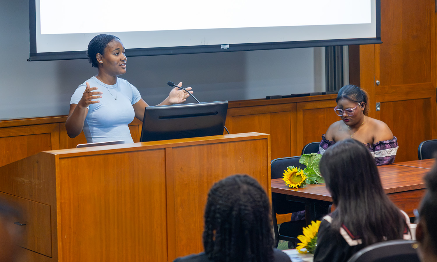 Helaina Rivers ‘30 gives a presentation on the water cycle during the HEOP Summer Institute Academic Conference in the Geneva Room.  