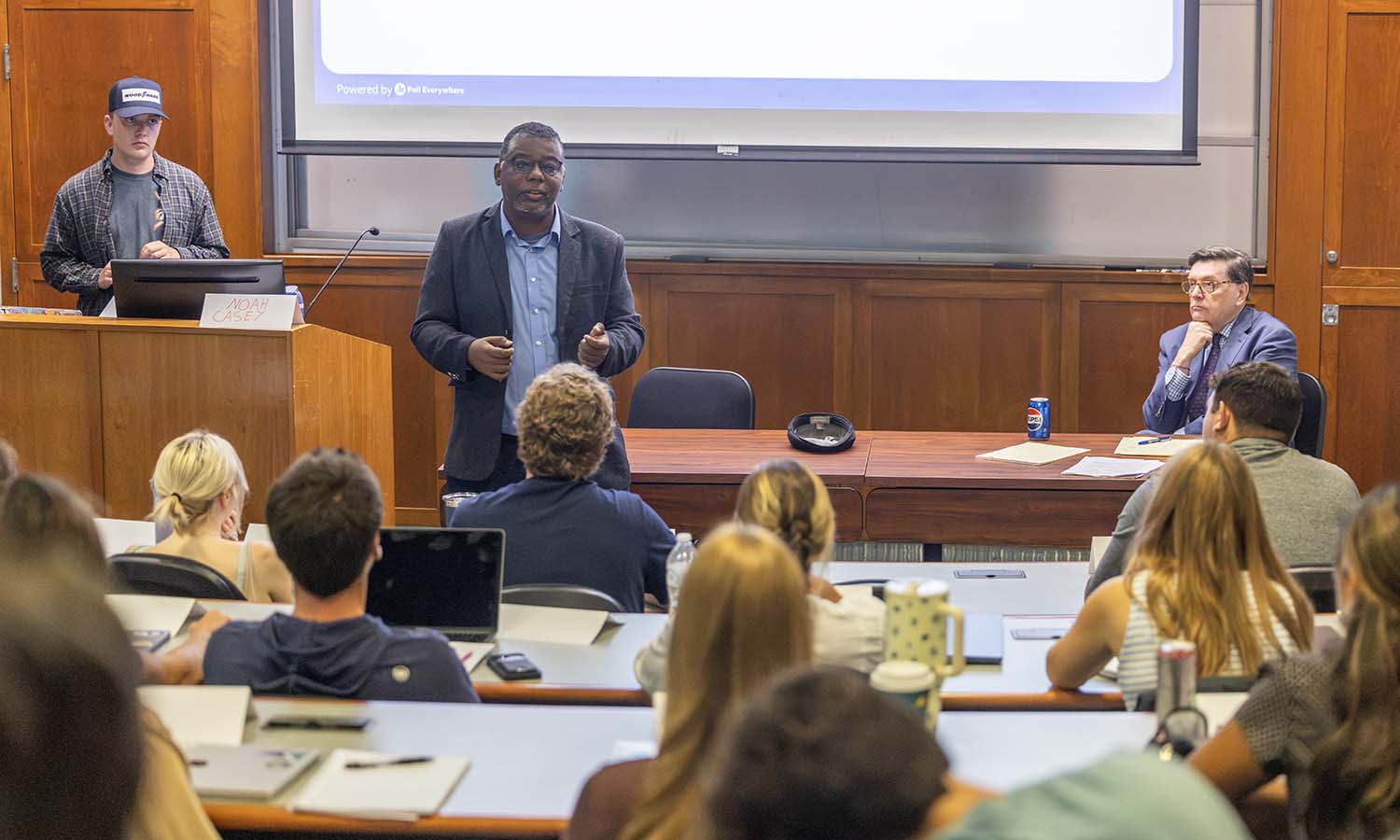 Associate Professor of Politics DeWayne Lucas speaks to students about the upcoming semester in “Voting and Elections,” co-taught by President Mark D. Gearan. 