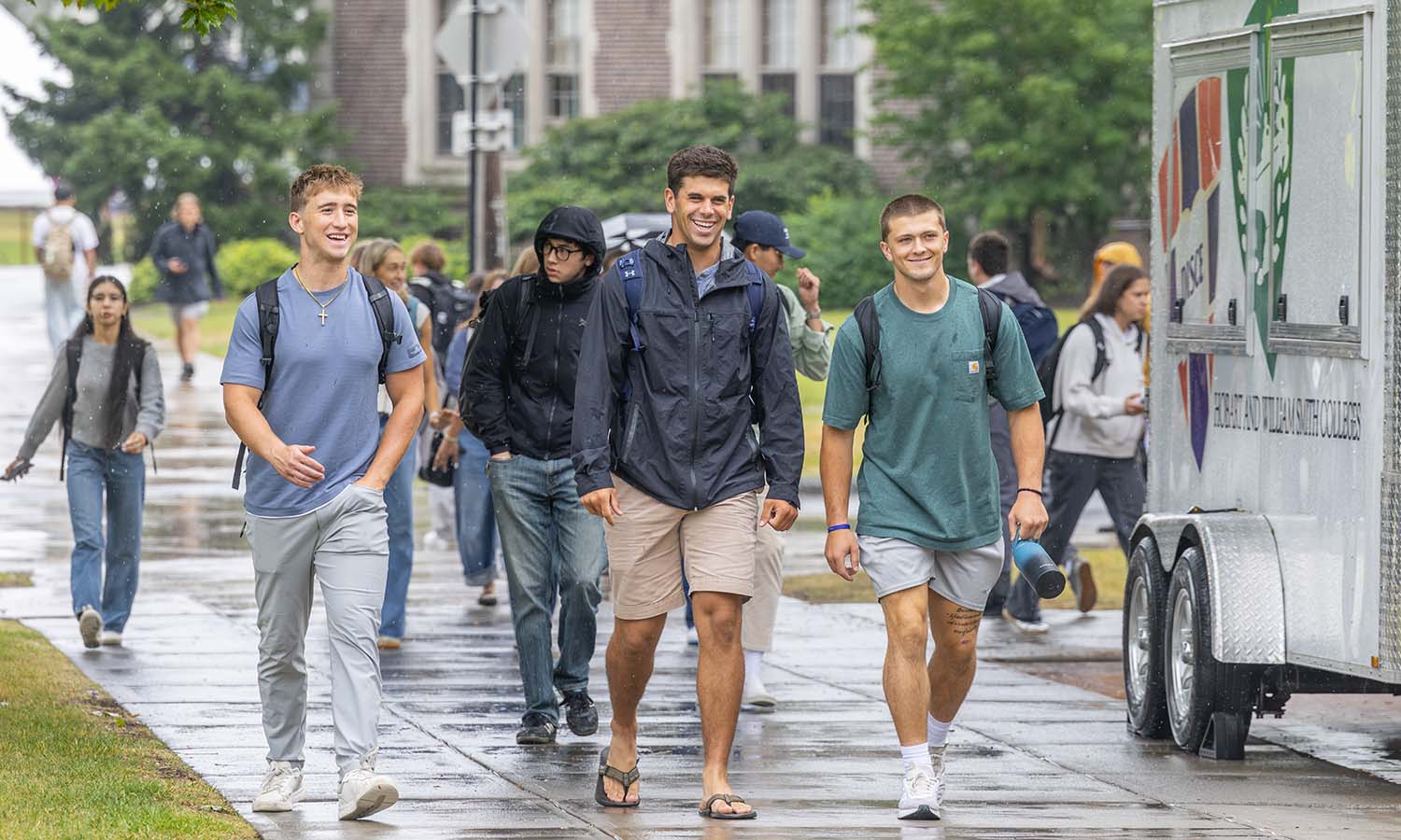 Ryan Van Tassel '28, Perry Goodridge '28 and Tyler Cumming ‘29 walk to lunch on the first day of the semester. 