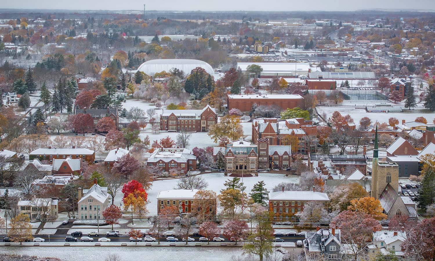 Campus is blanketed with snow. 