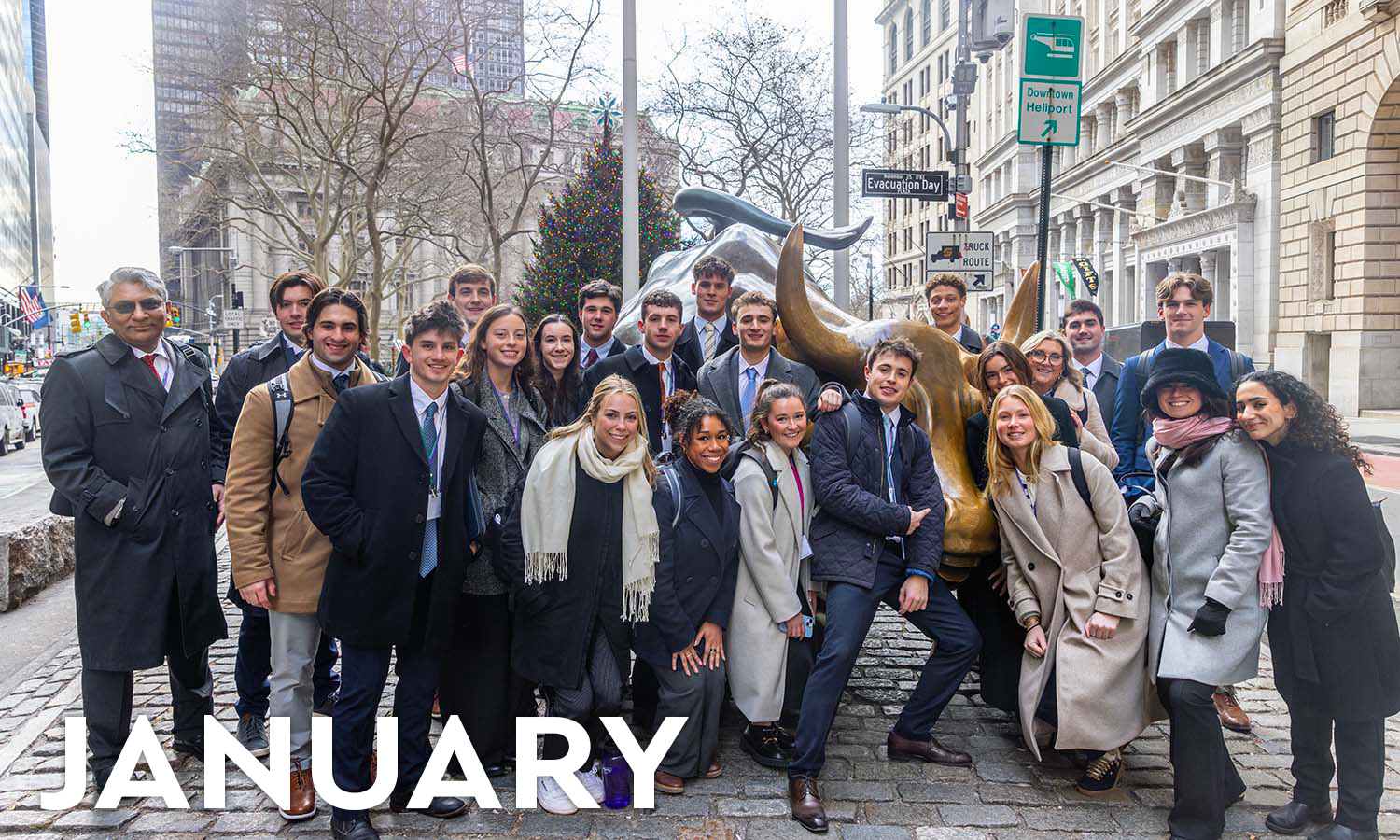 In a special year-end edition of This Week in Photos, we selected one photo to encapsulate each month of the year. In early January, Professor of Economics Feisal Khan and Senior Associate Director of the Salisbury Center for Career Services Shayne Feinberg join students on the finance career trek for a photo with the charging bull on Wall Street.