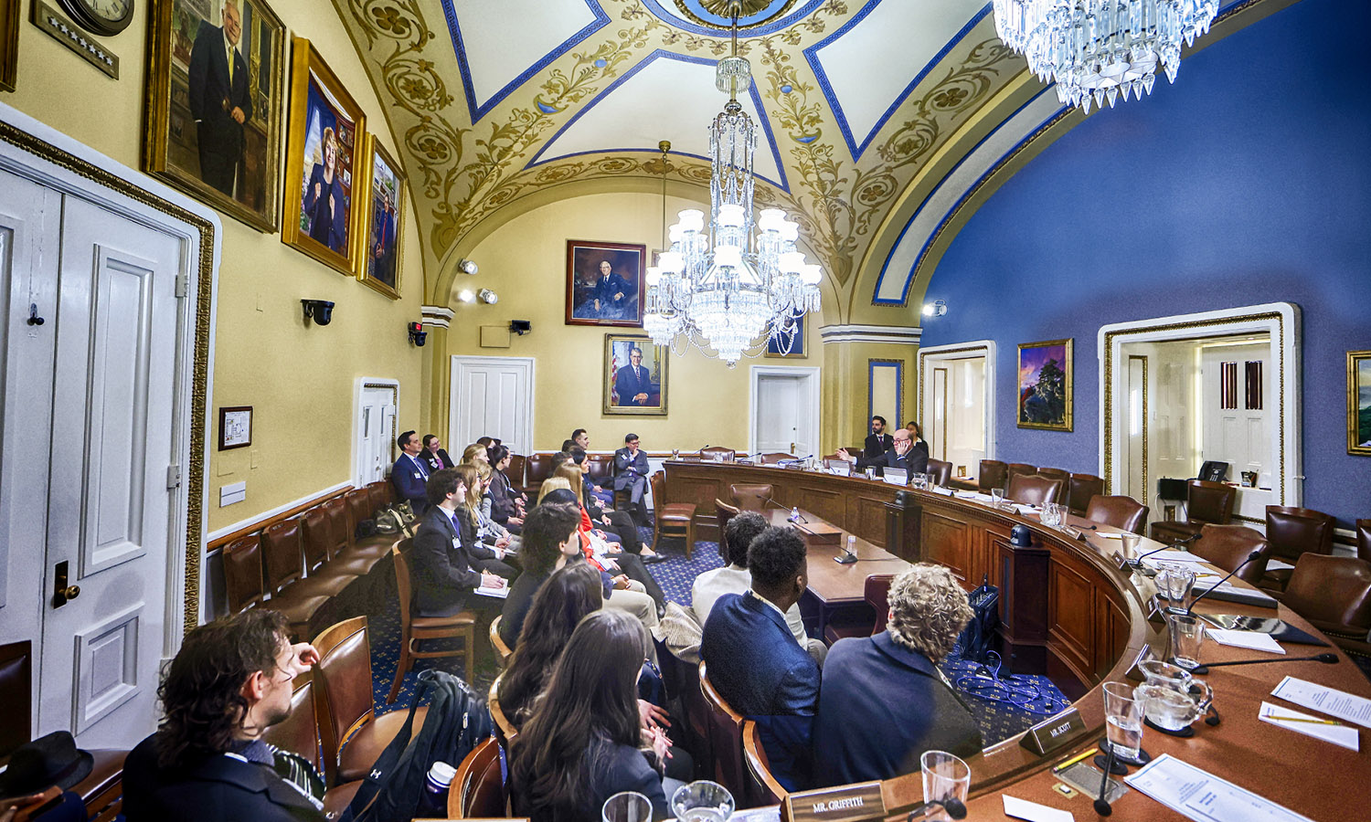 Students meet with Congressman James P. McGovern (D-MA) in the Rules Committee Hearing Room while on a tour of the Capitol Building. 