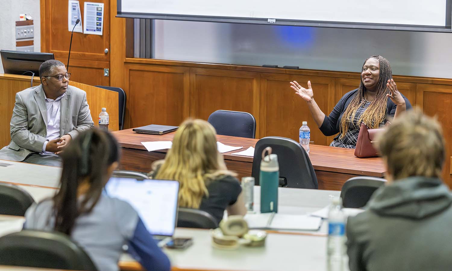 This week, we highlight some of the alumni and special guests who visited campus during the spring semester. Here, political strategist and author Maya Rupert speaks to students in “Introduction to American Politics” with Associate Professor of Politics DeWayne Lucas before her President’s Forum discussion.