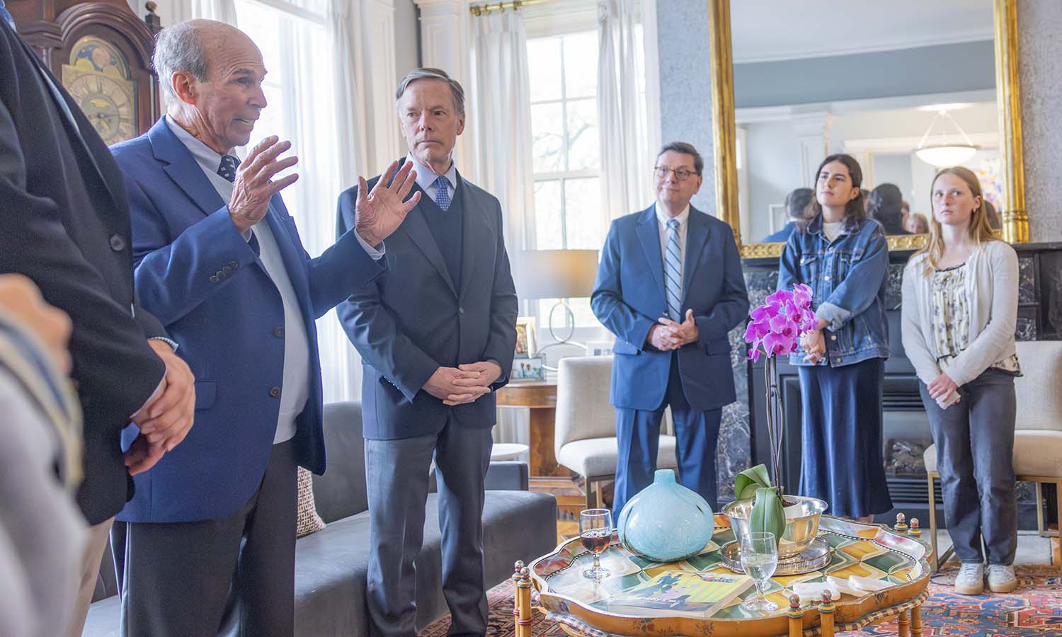 President Mark D. Gearen welcomes former Trustee James F. Anderton IV ’65 and U.S. Ambassador R. Nicholas Burns and to campus before the Anderton Forum for Global Engagement. 
