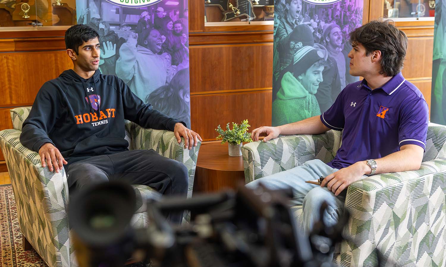 Tarang Malhotra ’26 of the Hobart tennis team is interviewed by Nathan Deller ’27 of the Hobart volleyball team during the Athletics Day of Donors livestream. Over $1.3 million was raised during the 24-hour giving event. 