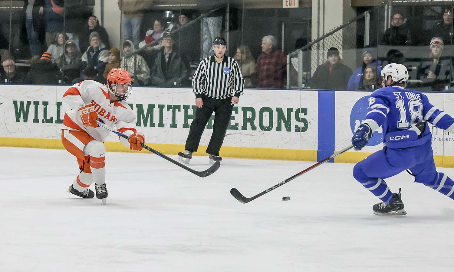 Bauer Morrisey ’27 fires a shot on goal during Hobart Hockey’s 3-0 win over Fredonia. With the win the Statesmen advanced to the semifinals of the SUNYAC Tournament. 