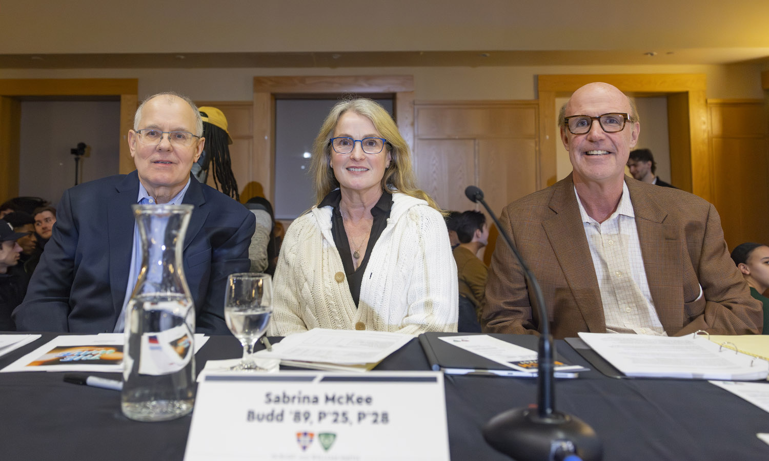Pitch judges Chris Zoladz ’81, Sabrina McKee Budd ’89, P’25, P’28 and Alan Worden ’87 pose for a photo before the start of the competition. 